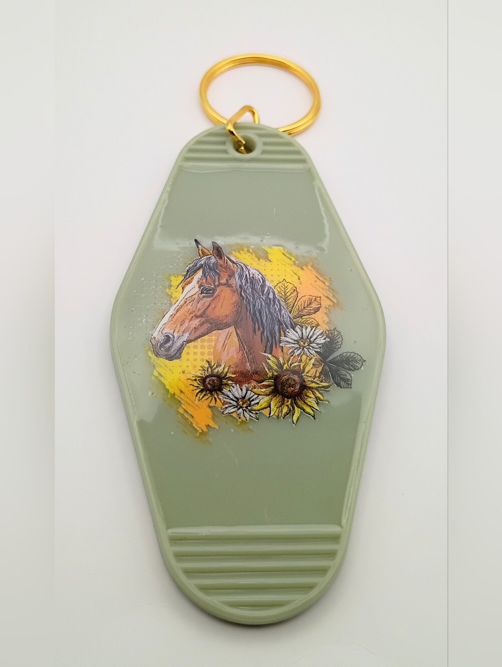 Handmade Green Resin Horse Sunflower Keychain